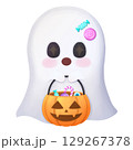 Cute ghost with pumpkin candy bucket halloween 129267378