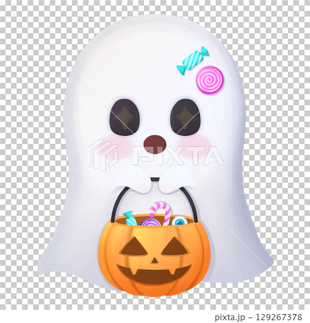 Cute ghost with pumpkin candy bucket halloween Cute ghost with pumpkin candy bucket halloween 129267378