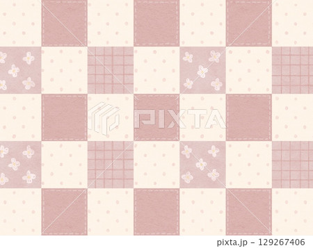 ピンク系の可愛いパッチワークの手描き背景イラスト素材 129267406