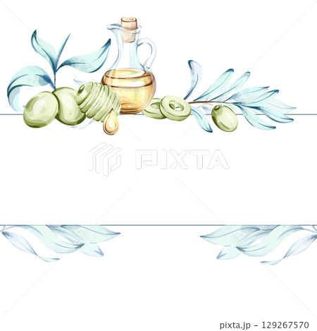 Olives and olive oil in a watercolor illustration celebrating the richness of Italian cuisine frame, border, arrangement Olives and olive oil in a watercolor illustration celebrating the richness of Italian cuisine frame, border, arrangement 129267570