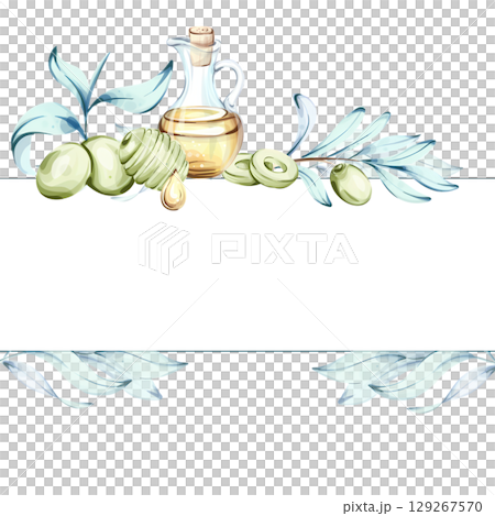 Olives and olive oil in a watercolor illustration celebrating the richness of Italian cuisine frame, border, arrangement Olives and olive oil in a watercolor illustration celebrating the richness of Italian cuisine frame, border, arrangement 129267570