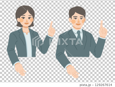 一位身穿西裝的女士和一位男士的半身像插圖，正在解釋 129267614