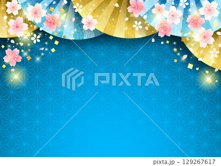 扇子に桜の和風背景、横、青、かわいい、イラスト 129267617