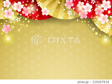 扇子に桜の和風背景、横、金色、かわいい、イラスト 扇子に桜の和風背景、横、金色、かわいい、イラスト 129267618