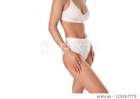 Model in white undergarments poses confidently, isolated on white, PNG Model in white undergarments poses confidently, isolated on white, PNG 129267778