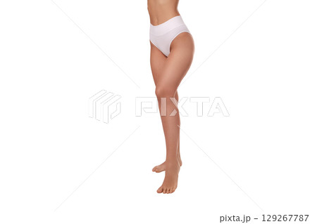 Model displays sleek high-waist underwear, isolated on white, PNG Model displays sleek high-waist underwear, isolated on white, PNG 129267787