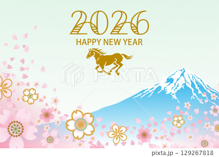 2026年 午年 年賀状 - 走る馬と桜吹雪 富士山背景 2026年 午年 年賀状 - 走る馬と桜吹雪 富士山背景 129267818