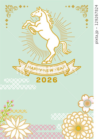 2026 年賀状テンプレート - 立ち上がる白馬と光輪 和花柄背景 2026 年賀状テンプレート - 立ち上がる白馬と光輪 和花柄背景 129267824