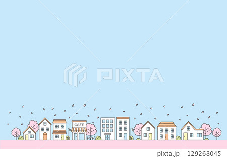 シンプルな線画の春の街並み シンプルな線画の春の街並み 129268045