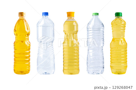 Vegetable oil and water in different bottle for cooking isolated on white background. 129268047