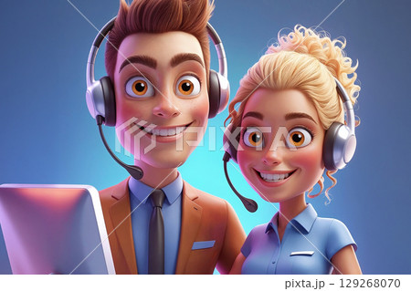 A 3D illustration of a male and female customer support agent. These friendly cartoon characters with large smiles and headsets are perfect for any business or communication concept. 129268070
