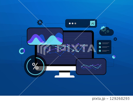 AI-powered business analytics dashboard analyzing market trends and forecasting future growth. Artificial intelligence for predictive ai business analytics, data visualization and strategic insights 129268293