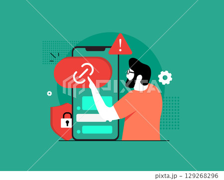 Phishing link detection with mobile security, suspicious link alerts and safe browsing. Phishing link detection to protect users from cyber threats and malicious websites vector illustration Phishing link detection with mobile security, suspicious link alerts and safe browsing. Phishing link detection to protect users from cyber threats and malicious websites vector illustration 129268296