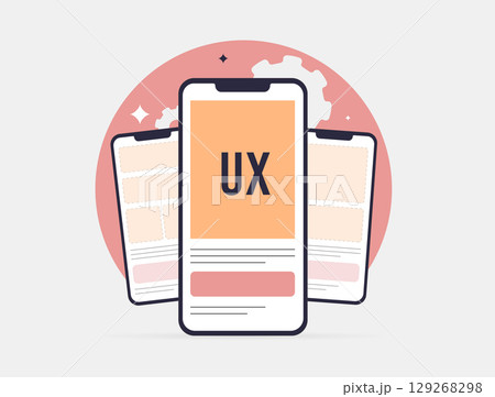 Mobile UX design with user interface testing, wireframes and usability optimization. Mobile UX design for improving user experience, navigation, user experience interaction flow vector illustration 129268298