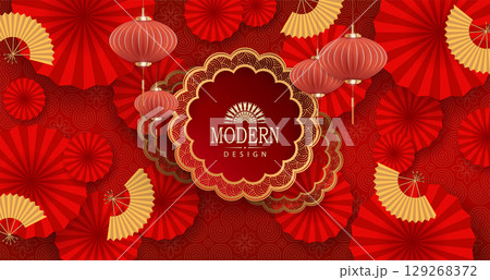 Exquisite textured background in red with a round golden frame and fan Exquisite textured background in red with a round golden frame and fan 129268372