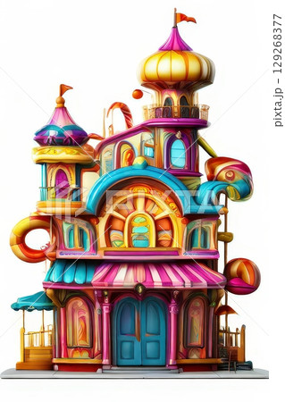 an AI Image Generator, Colored Cartoon Building With Whimsical Architecture and Creative Details 129268377