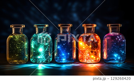 光が入った瓶、魔法のポーション、ファンタジー 129268420