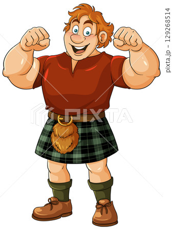 Smiling Cartoon Man Flexing in Traditional Scottish Kilt Smiling Cartoon Man Flexing in Traditional Scottish Kilt 129268514