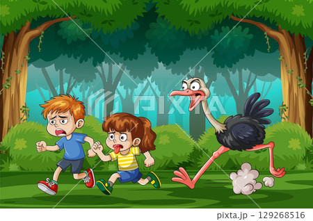 Children Running from Ostrich in Forest Cartoon Scene 129268516