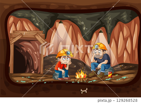 Two Miners Resting by Campfire Inside Underground Cave 129268528