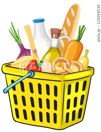 Yellow Shopping Basket Filled With Groceries and Produce 129268536