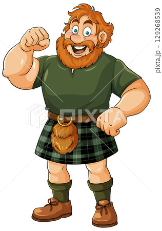 Smiling Cartoon Highlander in Traditional Scottish Kilt 129268539