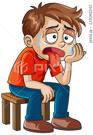 Exhausted Cartoon Boy Sitting on a Stool 129268542