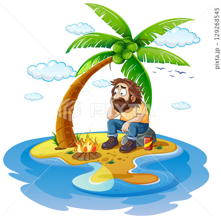 Bearded Man Stranded Alone on Desert Island 129268545