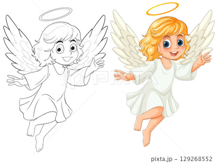 Charming Angelic Child with Halo and Wings 129268552