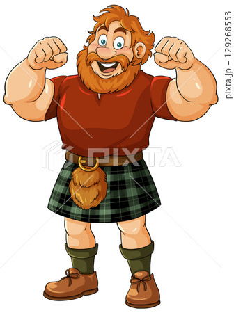 Smiling Cartoon Man in Tartan Kilt Flexing Muscles 129268553