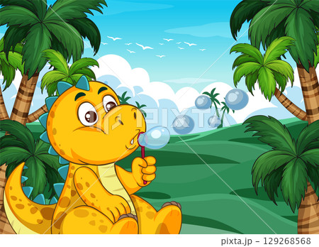 Playful Dinosaur Blowing Bubbles in Tropical Forest 129268568