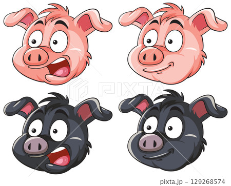 Cartoon Pig Faces With Varied Expressions Vector Set 129268574