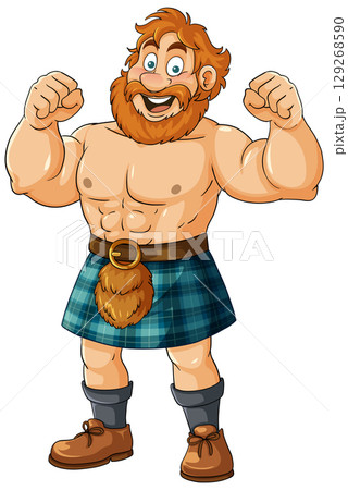 Smiling Muscular Man in Tartan Kilt Flexing Arms 129268590