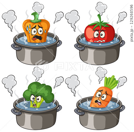 Cartoon Vegetables with Faces Boiling in Pots 129268596