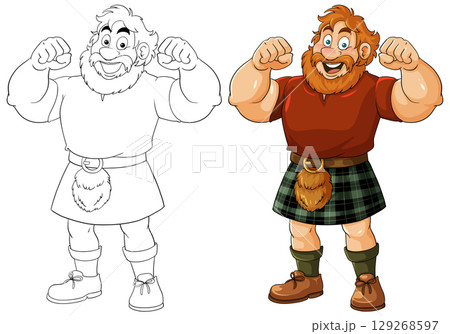 Cheerful Bearded Man Flexing in Traditional Scottish Kilt 129268597