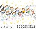 ピアノの鍵盤の上で楽しそうに遊ぶ子どもたちと音符のイラスト 129268812