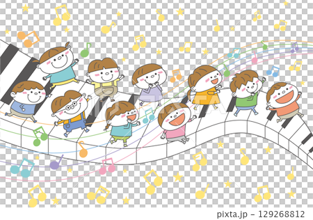 孩子們在鋼琴鍵和音符上玩耍的插圖 129268812