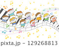ピアノの鍵盤の上で楽しそうに遊ぶ子どもたちと音符のイラスト 129268813