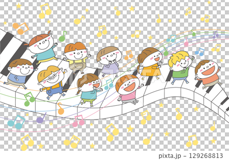 孩子們在鋼琴鍵和音符上玩耍的插圖 129268813