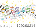 ピアノの鍵盤の上で楽しそうに遊ぶ子どもたちと音符のイラスト 129268814