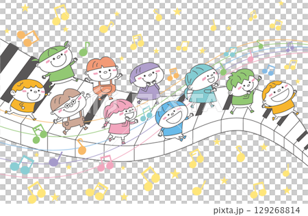 孩子們在鋼琴鍵和音符上玩耍的插圖 129268814