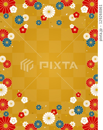 金色の市松模様の背景に和風の花々を散りばめたフレーム素材（縦向き） 129268861