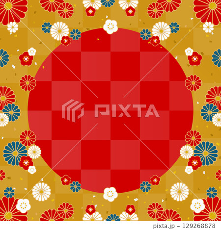 金色の市松模様の背景に和風の花々を散りばめたフレーム素材（正方形） 129268878