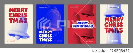 Vibrant Christmas posters with halftone bells and bold typography in red and blue color variations. Perfect for festive cards, seasonal party invitations, and retro holiday marketing. 129268971