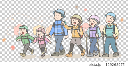 Illustration of a three-generation family hiking 129268975