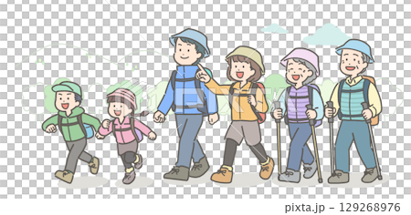 Illustration of a three-generation family hiking Illustration of a three-generation family hiking 129268976