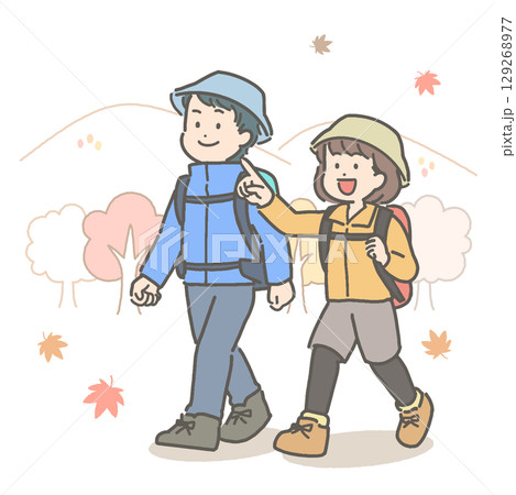 ハイキングをする若い男女カップルのイラスト 129268977