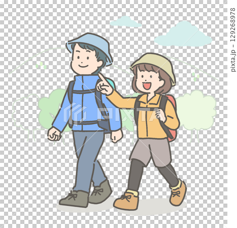 一對年輕夫婦徒步旅行的插圖 129268978