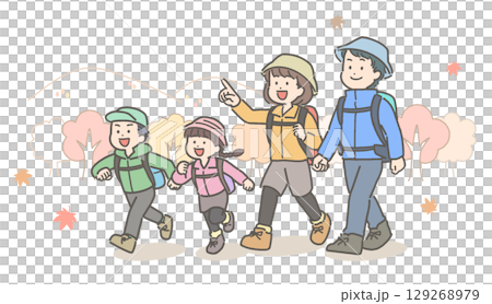 ハイキングをする若い家族・ファミリーのイラスト 129268979