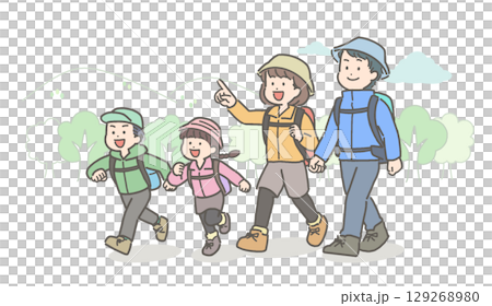 Illustration of a young family hiking 129268980